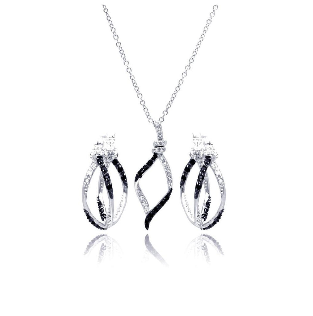 .925 Sterling Silver Rhodium & Black Rhodium Plated Black & Clear Open Wave Cz Hoop Earring & Dangling Necklace Set