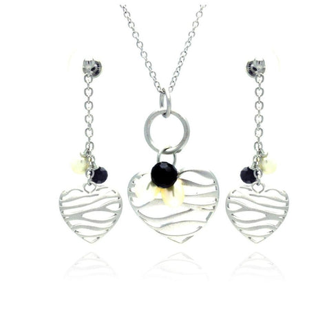 .925 Sterling Silver Rhodium Plated Open Zebra Stripe Heart Pearl Black Cz Dangling Stud Earring & Dangling Necklace Set