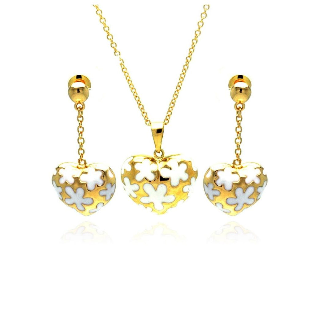 .925 Sterling Silver Gold Plated White Enamel Flower Heart Cz Dangling Stud Earring & Necklace Set