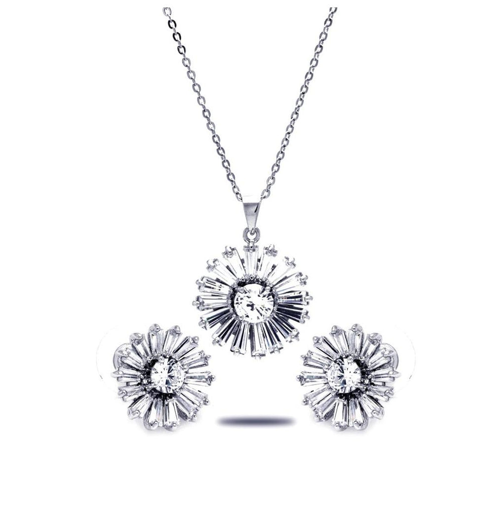 .925 Sterling Silver Rhodium Plated Clear Baguette Flower Cz Stud Earring & Necklace Set