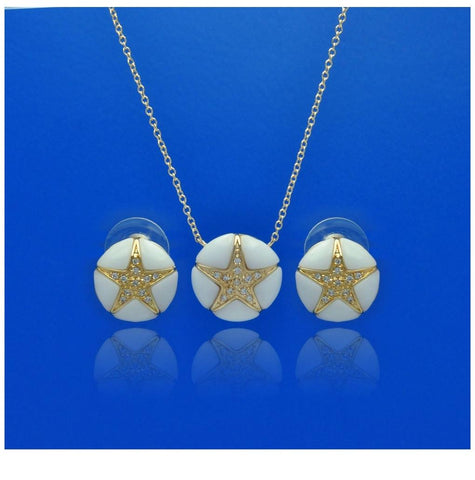 .925 Sterling Silver Gold Plated White Onyx Clear Star Cz Stud Earring & Necklace Set