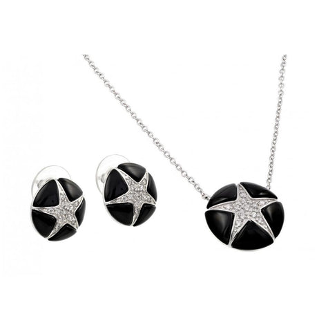 .925 Sterling Silver Rhodium Plated Black Onyx Clear Star Cz Stud Earring & Necklace Set