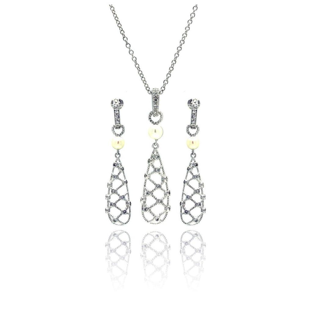 .925 Sterling Silver Rhodium Plated Fishnet Drop Pearl Clear Cz Dangling Stud Earring & Dangling Necklace Set