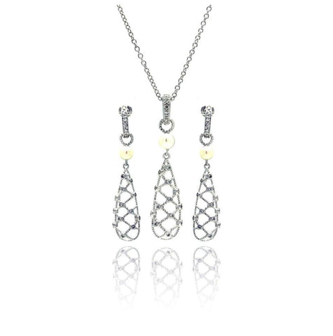 .925 Sterling Silver Rhodium Plated Fishnet Drop Pearl Clear Cz Dangling Stud Earring & Dangling Necklace Set