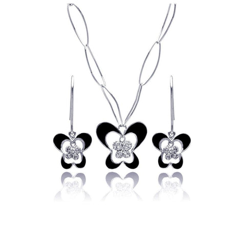 .925 Sterling Silver Rhodium Plated Black Enamel Butterfly Clear Cz Hook Earring & Necklace Set