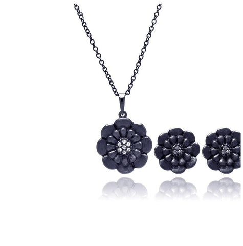 .925 Sterling Silver Black Rhodium Plated Flower Clear Cz Stud Earring & Necklace Set