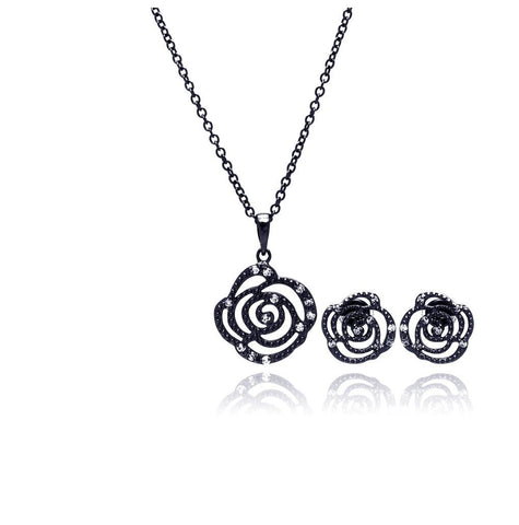 .925 Sterling Silver Black Rhodium Plated Open Flower Rose Clear Cz Stud Earring & Necklace Set