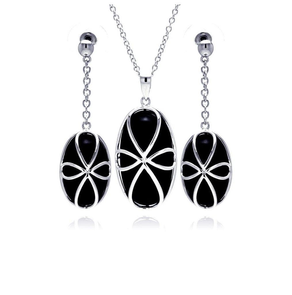 .925 Sterling Silver Rhodium Plated Black Onyx Oval Script Cross Outline Dangling Stud Earring & Necklace Set