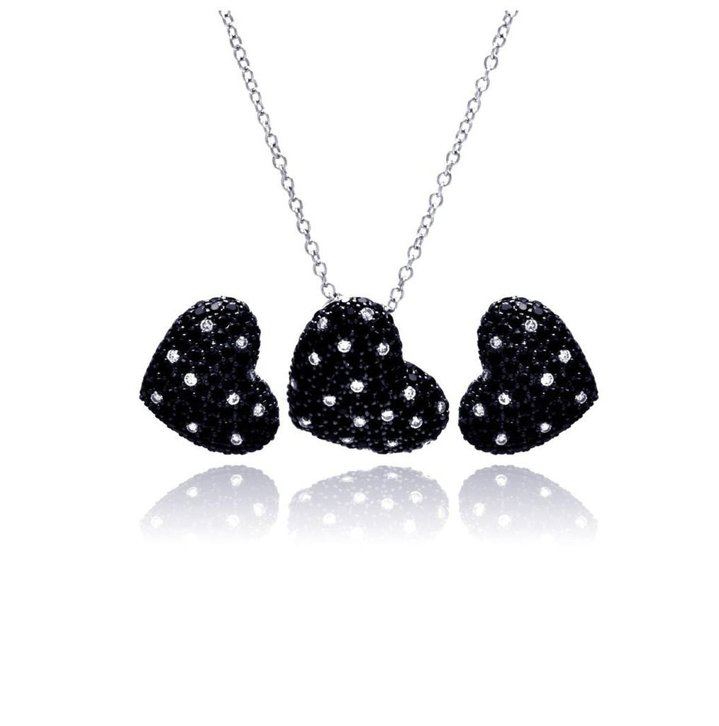 .925 Sterling Silver Black Rhodium Plated Clear & Black Pave Set Heart Cz Stud Earring & Necklace Set