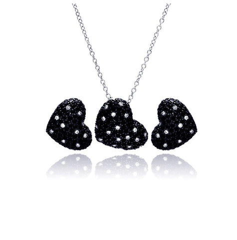 .925 Sterling Silver Black Rhodium Plated Clear & Black Pave Set Heart Cz Stud Earring & Necklace Set