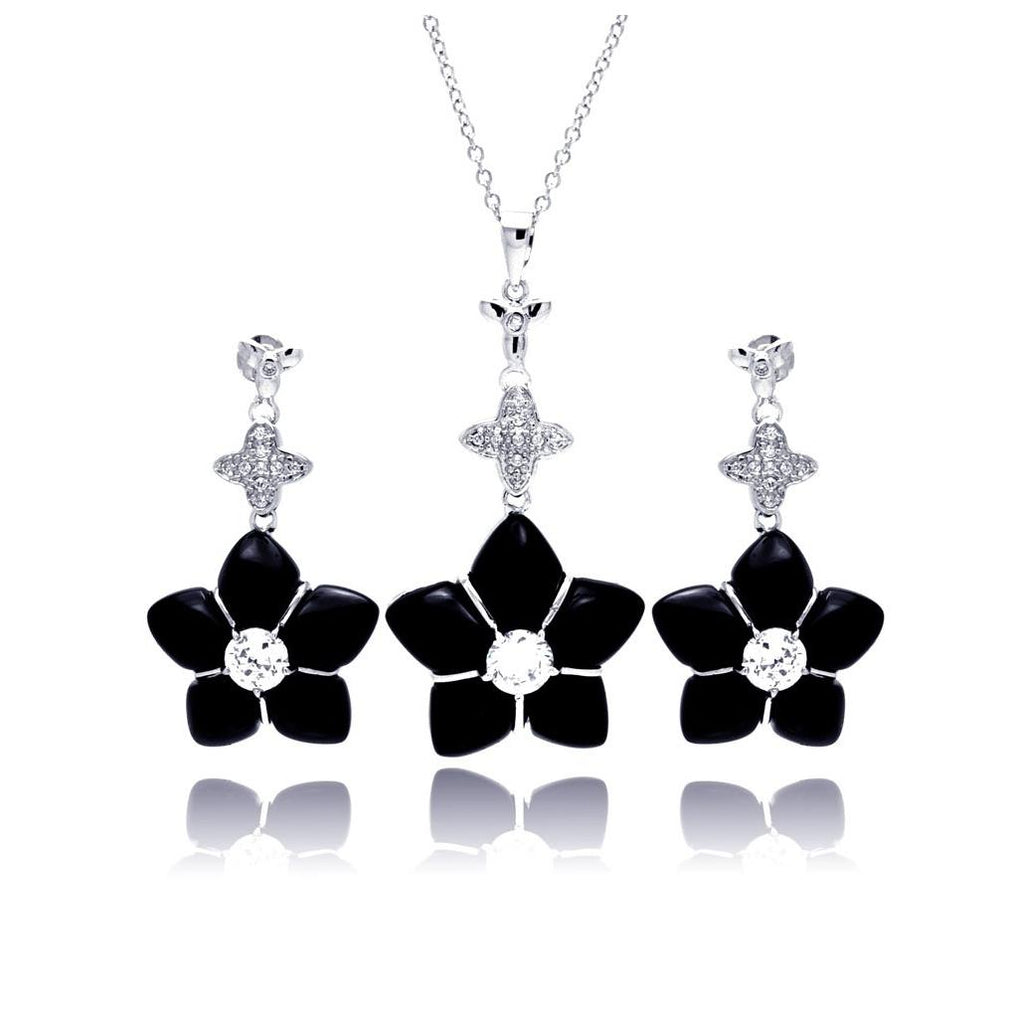 .925 Sterling Silver Rhodium Plated Black Onyx Clear Cz Dangling Stud Earring & Dangling Necklace Set