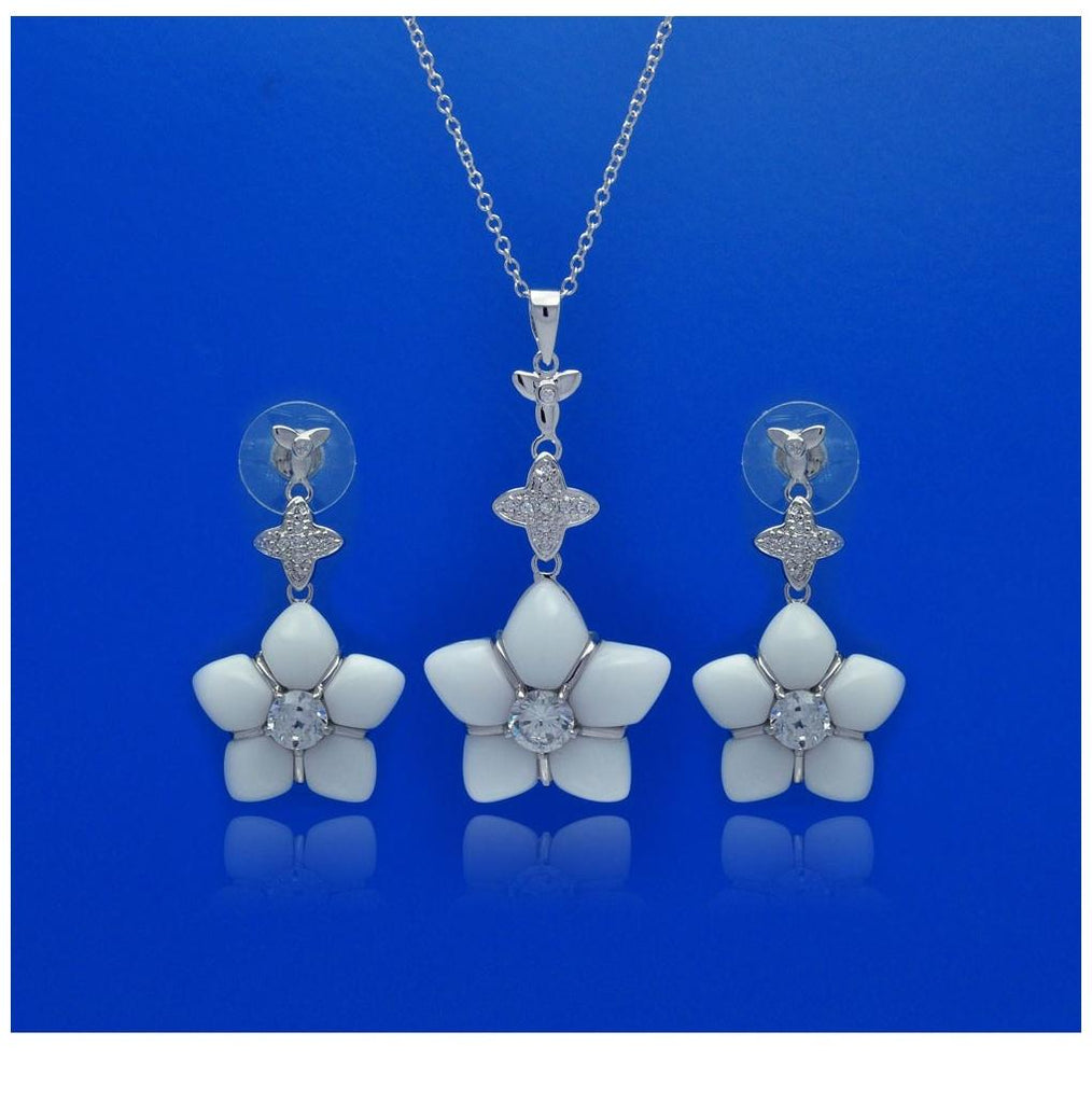 .925 Sterling Silver Rhodium Plated White Onyx Clear Flower Cz Dangling Stud Earring & Necklace Set