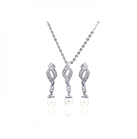 .925 Sterling Silver Rhodium Plated Pearl Twist Clear Cz Hanging Stud Earring & Hanging Necklace Set