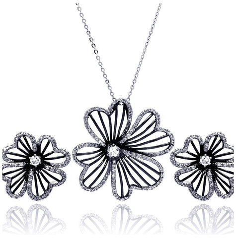 .925 Sterling Silver Rhodium & Black Rhodium Plated Flower Clear Cz Stud Earring & Necklace Set