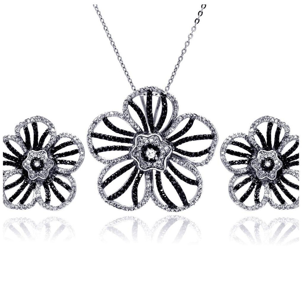 .925 Sterling Silver Rhodium & Black Rhodium Plated Clear & Black Flower Cz Stud Earring & Necklace Set