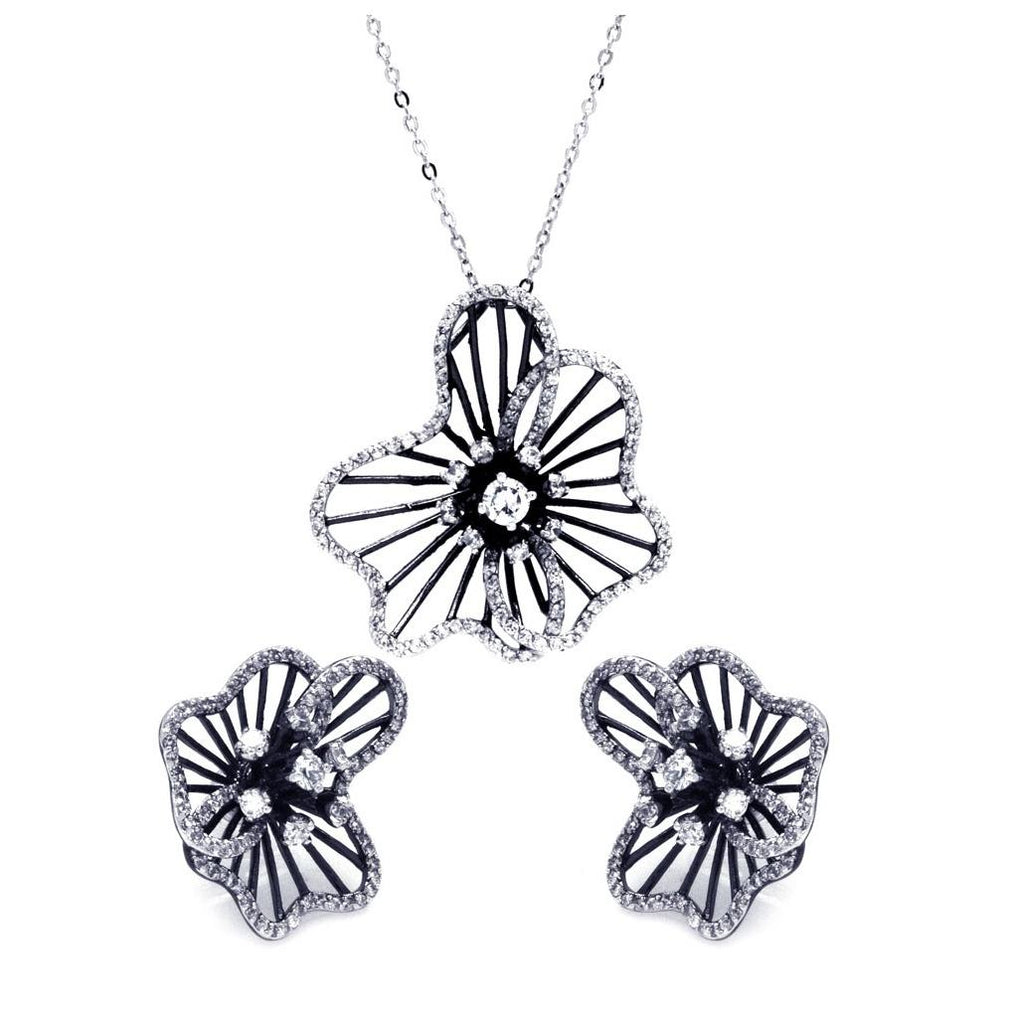 .925 Sterling Silver Rhodium & Black Rhodium Plated Clear Flower Cz Stud Earring & Necklace Set