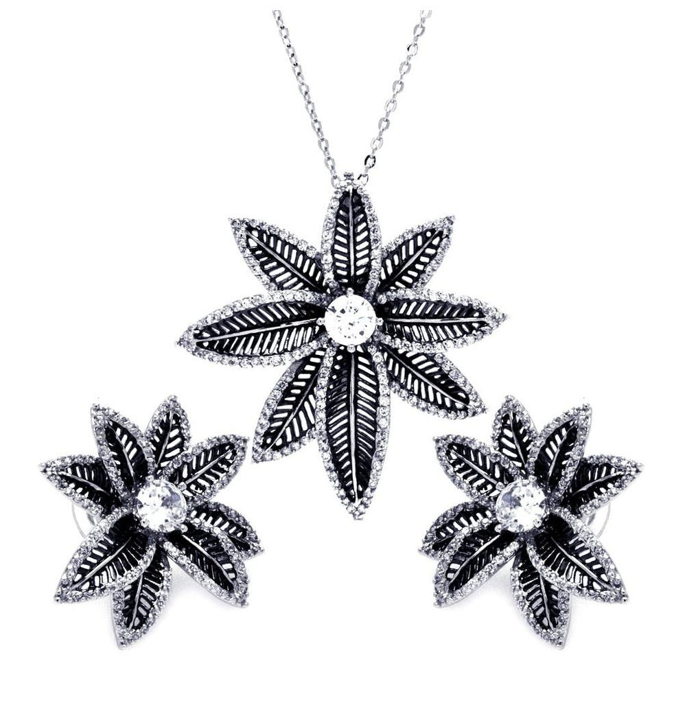 .925 Sterling Silver Rhodium & Black Rhodium Plated Spiny Pointed Flower Clear Cz Stud Earring & Necklace Set