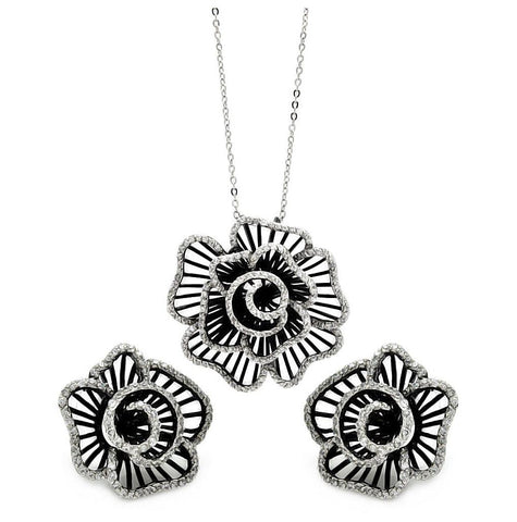 .925 Sterling Silver Rhodium & Black Rhodium Plated Clear Flower Rose Cz Stud Earring & Necklace Set