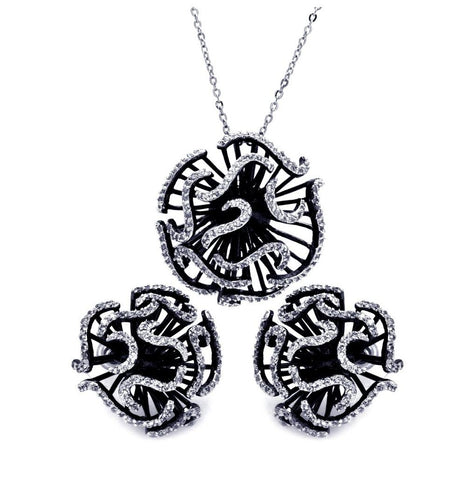 .925 Sterling Silver Rhodium & Black Rhodium Plated Clear Flower Carnation Cz Stud Earring & Necklace Set