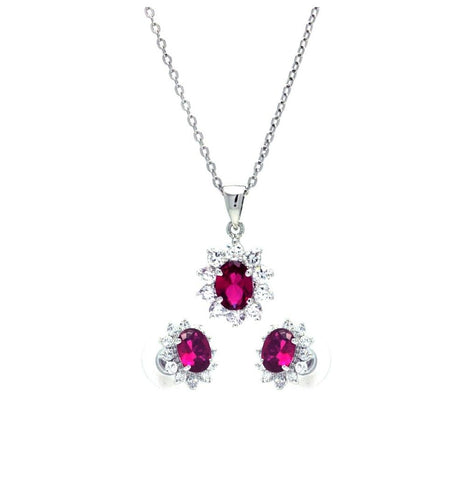 .925 Sterling Silver Rhodium Plated Red & Clear Cluster Flower Cz Stud Earring & Dangling Necklace Set