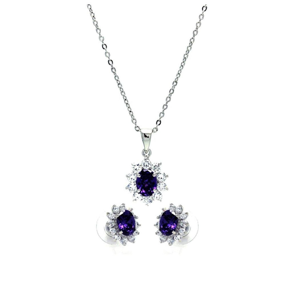 .925 Sterling Silver Rhodium Plated Purple & Clear Cluster Flower Cz Stud Earring & Dangling Necklace Set