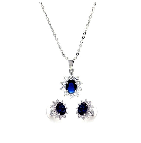 .925 Sterling Silver Rhodium Plated Blue & Clear Cluster Flower Cz Stud Earring & Dangling Necklace Set