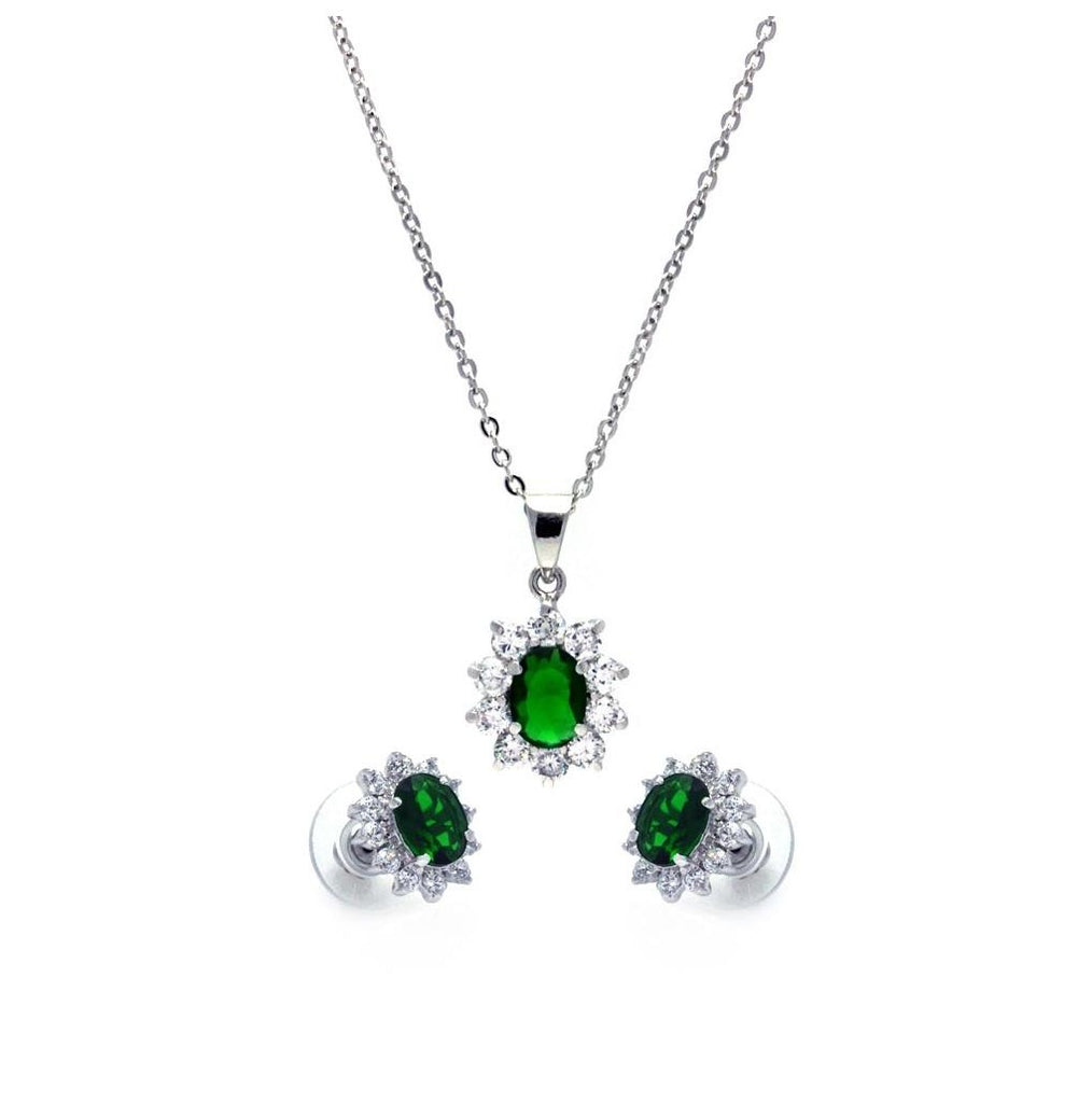 .925 Sterling Silver Rhodium Plated Green & Clear Cluster Flower Cz Stud Earring & Dangling Necklace Set