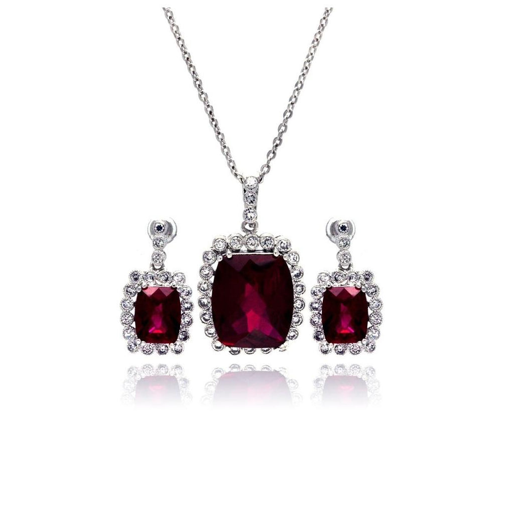 .925 Sterling Silver Rhodium Plated Red & Clear Rectangular Cz Dangling Stud Earring & Dangling Necklace Set