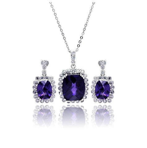 .925 Sterling Silver Rhodium Plated Purple & Clear Rectangular Cz Dangling Stud Earring & Necklace Set