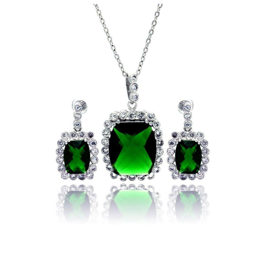 .925 Sterling Silver Rhodium Plated Green & Clear Rectangular Cz Dangling Stud Earring & Necklace Set