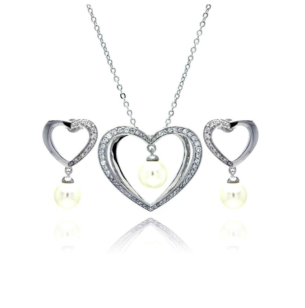 .925 Sterling Silver Rhodium Plated Hanging Pearl Open Heart Clear Cz Stud Earring & Necklace Set