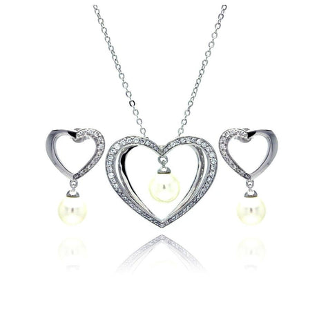 .925 Sterling Silver Rhodium Plated Hanging Pearl Open Heart Clear Cz Stud Earring & Necklace Set