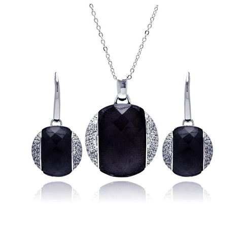 .925 Sterling Silver Rhodium Plated Black Onyx Clear Disc Cz Leverback Earring & Necklace Set