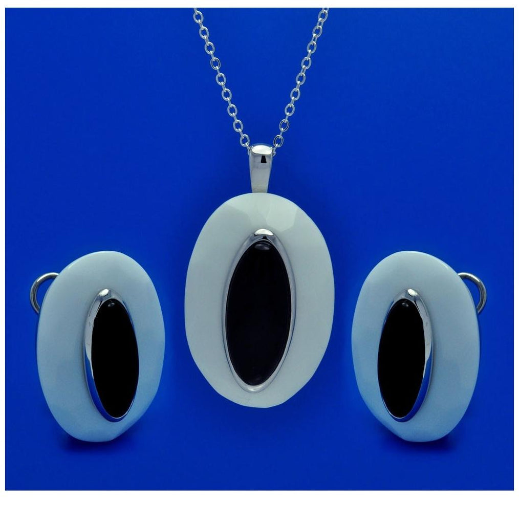 .925 Sterling Silver Rhodium Plated Black & White Onyx Oval Marquise Leverback Earring & Necklace Set