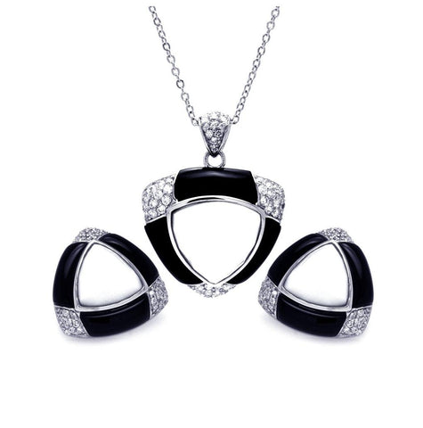 .925 Sterling Silver Rhodium Plated Black & White Onyx Triangle Clear Cz Stud Earring & Necklace Set