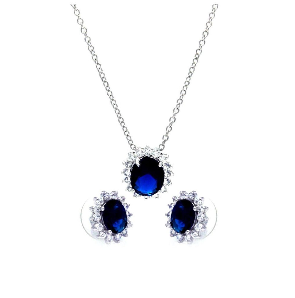 .925 Sterling Silver Rhodium Plated Blue & Clear Cluster Oval Cz Stud Earring & Necklace Set