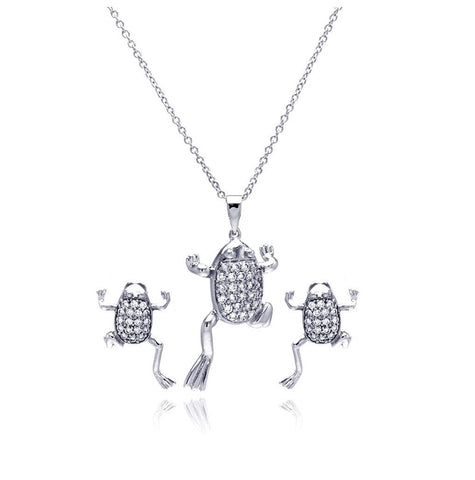 .925 Sterling Silver Rhodium Plated Clear Climbing Frog Cz Stud Earring & Necklace Set