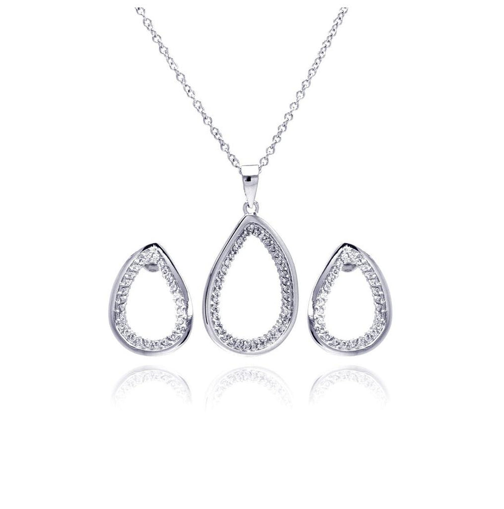 .925 Sterling Silver Rhodium Plated Clear Open Teardrop Cz Stud Earring & Necklace Set