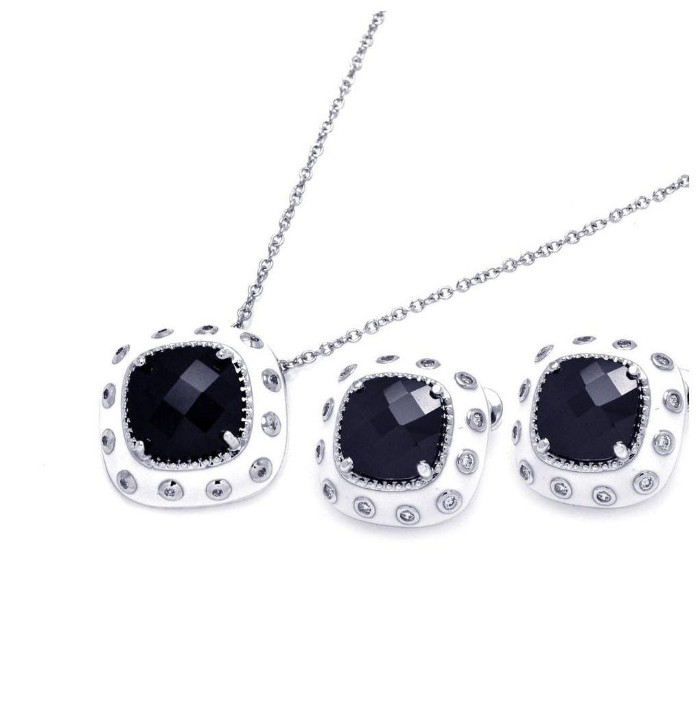 .925 Sterling Silver Rhodium Plated White Enamel Black & Clear Square Cz Stud Earring & Necklace Set