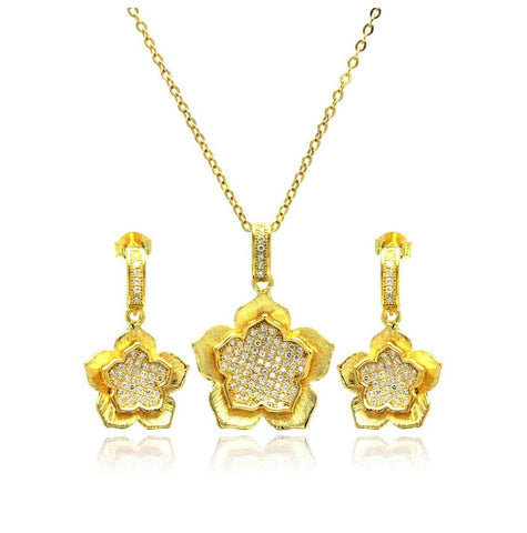 .925 Sterling Silver Gold Plated Clear Flower Cz Hanging Stud Earring & Necklace Set