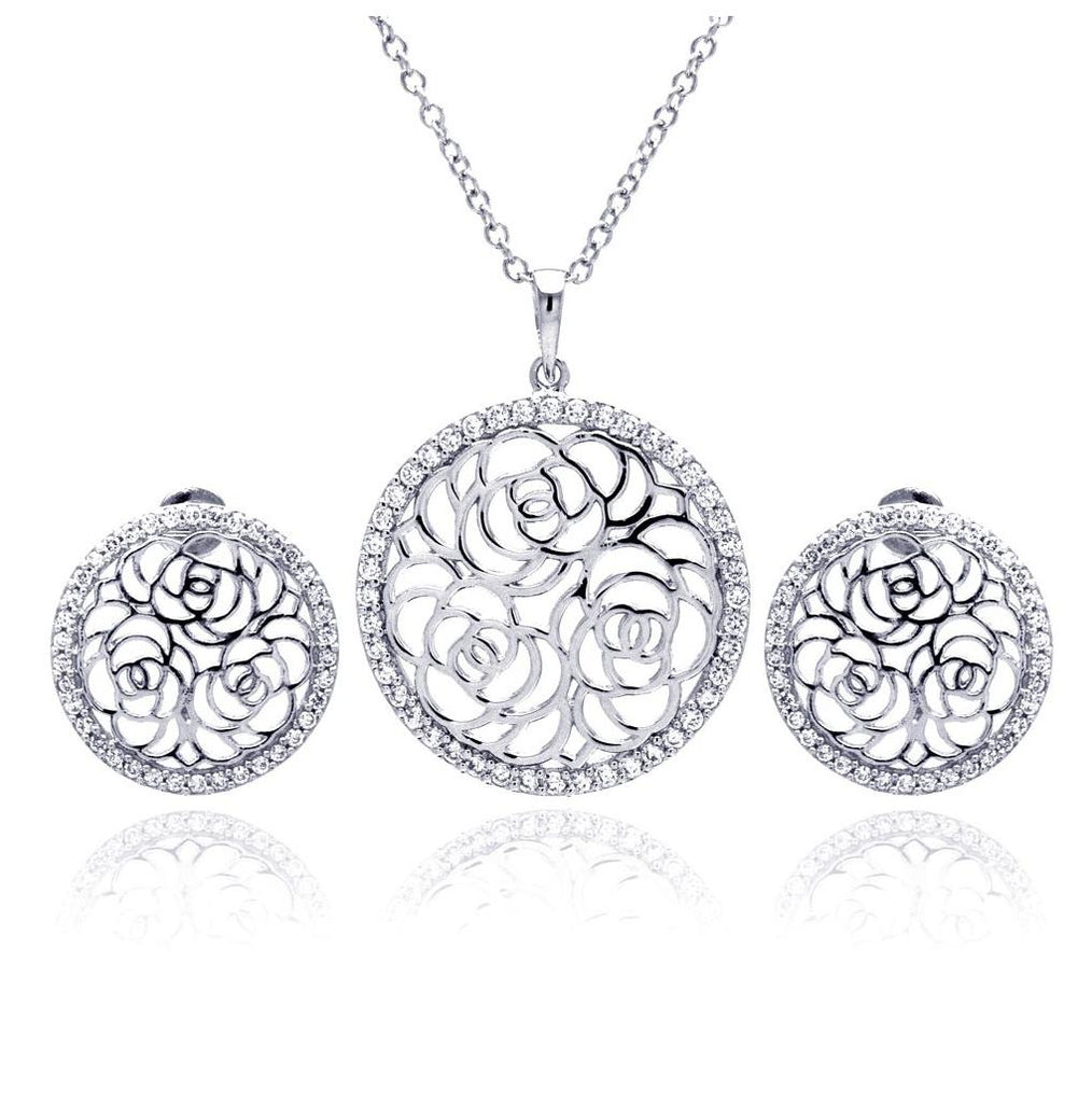 .925 Sterling Silver Rhodium Plated Flower Rose Outline Circle Clear Cz Stud Earring & Necklace Set