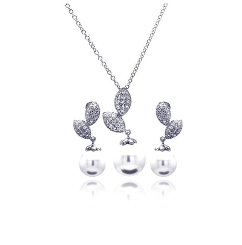 .925 Sterling Silver Rhodium Plated Pearl Sprout Clear Cz Hanging Stud Earring & Hanging Necklace Set