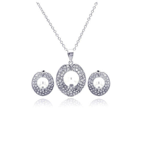 .925 Sterling Silver Rhodium Plated Pearl Round Disc Clear Pave Set Cz Stud Earring & Necklace Set