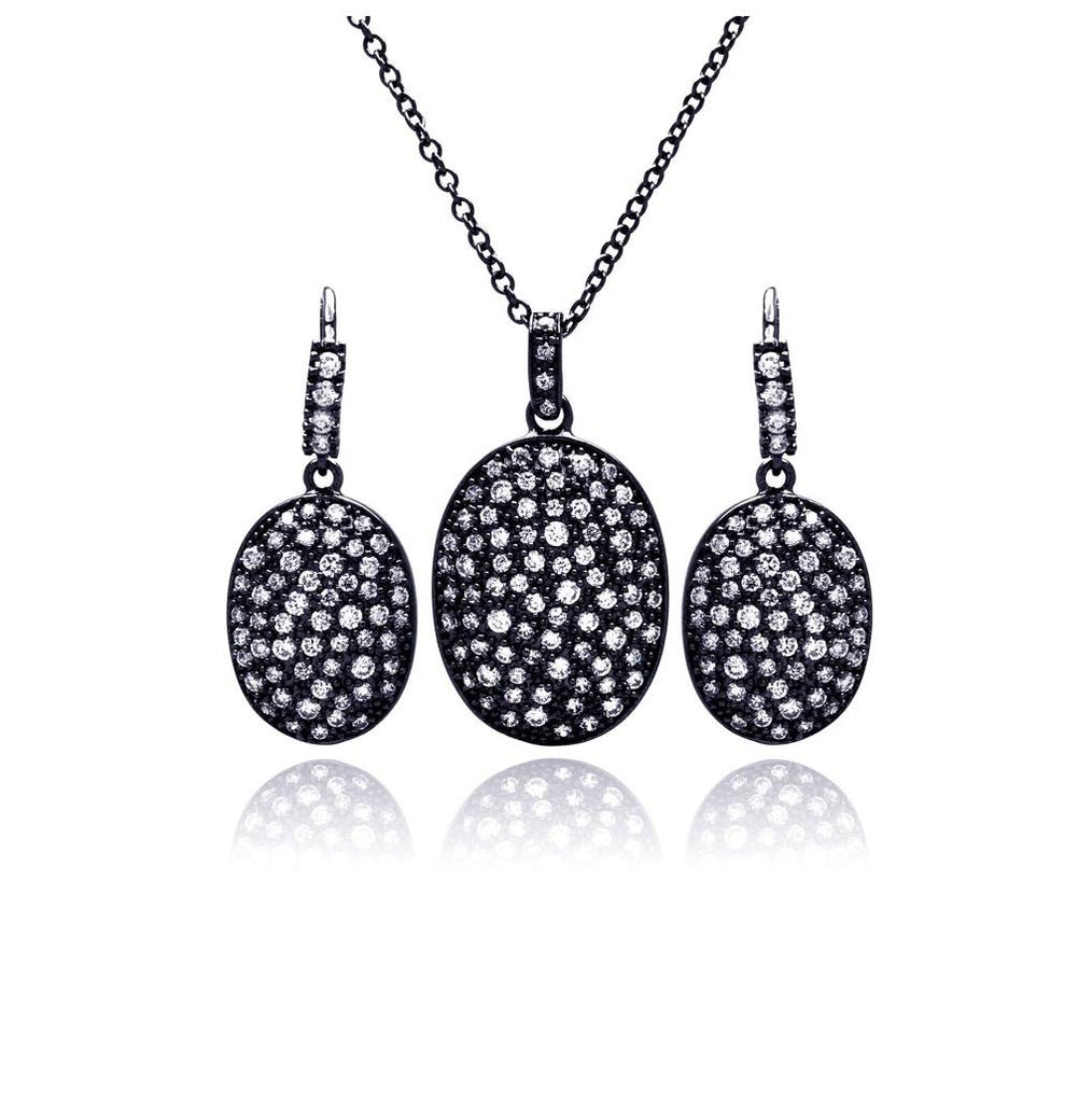 .925 Sterling Silver Black Rhodium Plated Oval Clear Cz Leverback Earring & Necklace Set