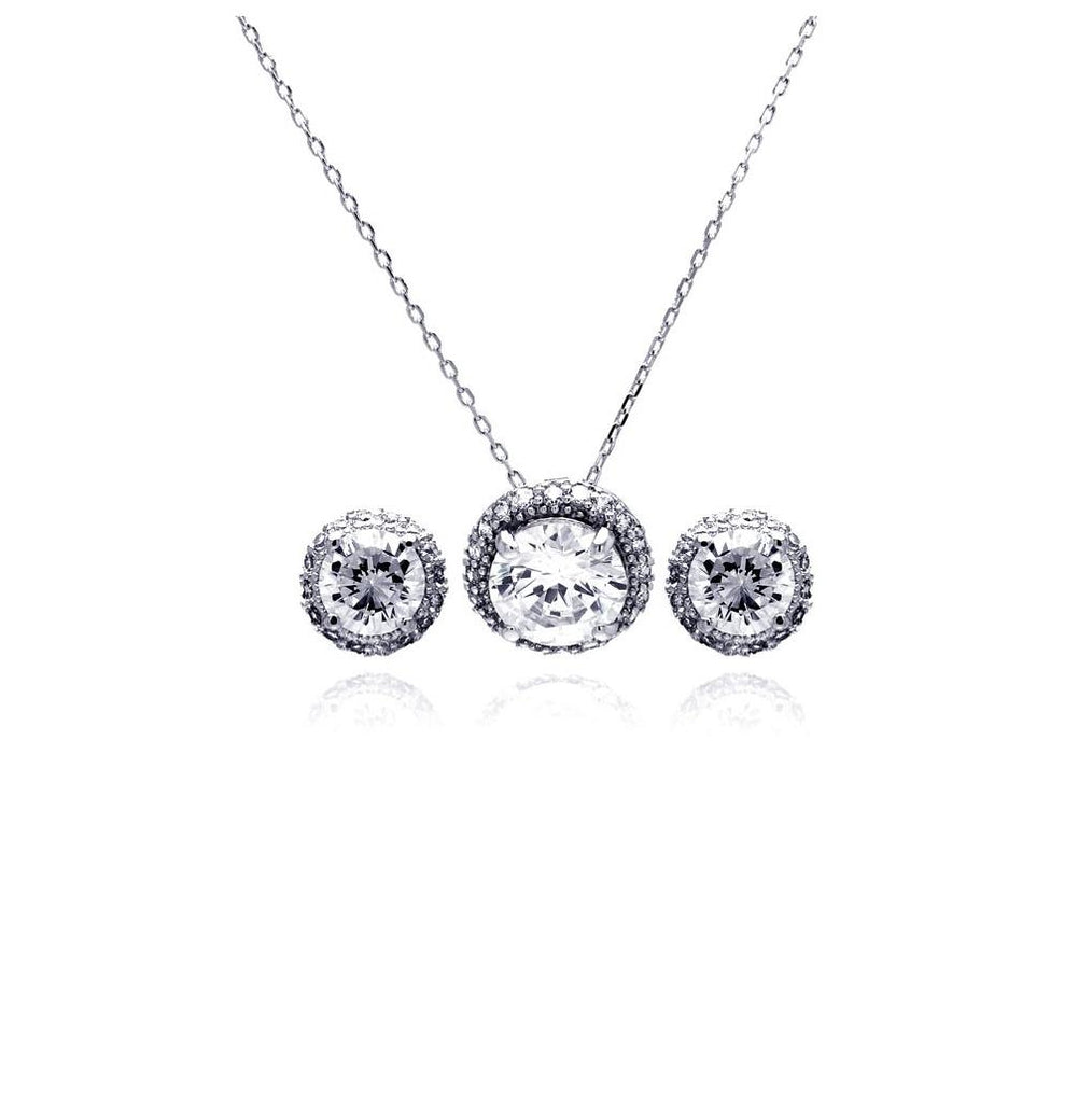 .925 Sterling Silver Rhodium Plated Clear Round Circle Cz Stud Earring & Necklace Set