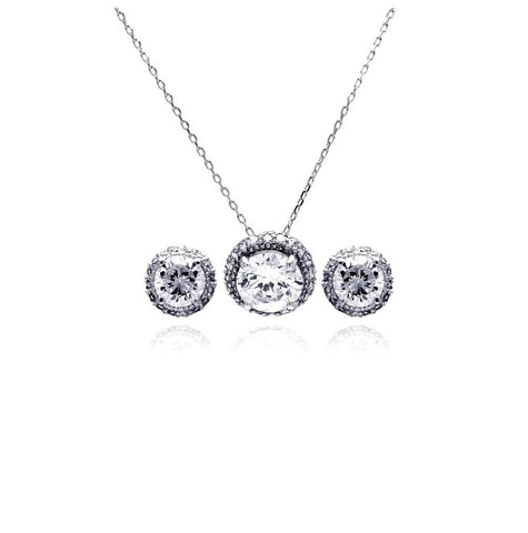 .925 Sterling Silver Rhodium Plated Clear Round Circle Cz Stud Earring & Necklace Set