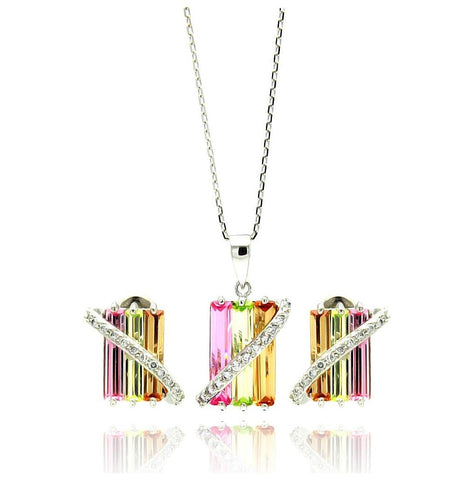 .925 Sterling Silver Rhodium Plated Multi Colored Rectangular Cz Stud Earring & Necklace Set