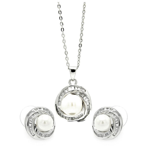 .925 Sterling Silver Rhodium Plated Clear Baguette Cz Pearl Center Stud Earring & Necklace Set