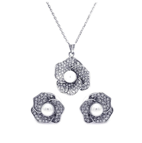 .925 Sterling Silver Rhodium Plated Clear Pave Set Flower Pearl Cz Stud Earring & Necklace Set