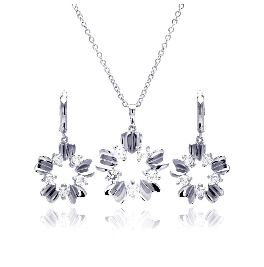 .925 Sterling Silver Rhodium Plated High Polish Flower Clear Cz Leverback Earring & Necklace Set